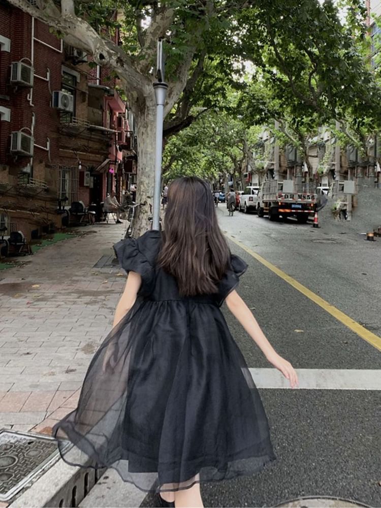 Panel Mesh Plain Dress Smock Short-Sleeve