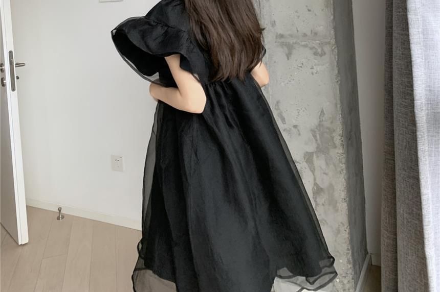 Panel Mesh Plain Dress Smock Short-Sleeve