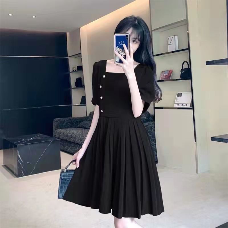 Puff-Sleeve Plain Square Neck Dress A-Line