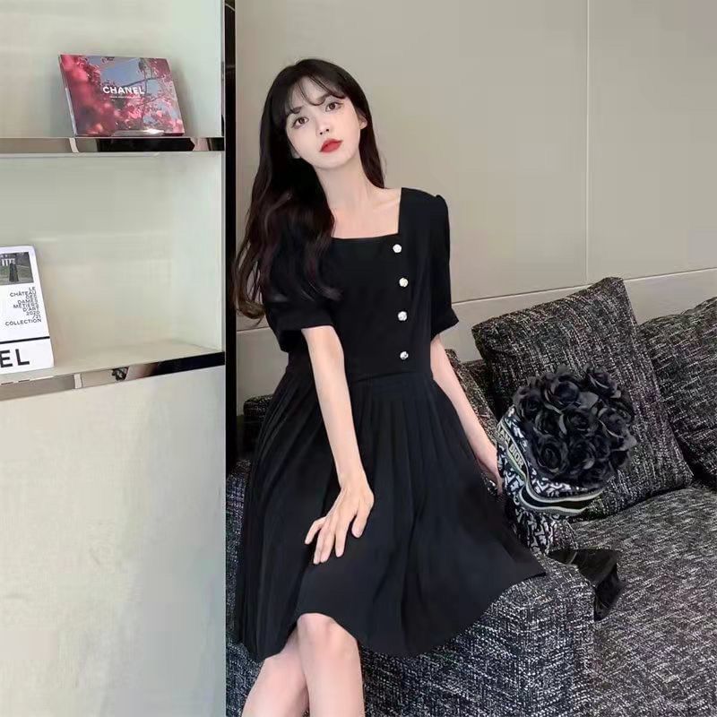 Puff-Sleeve Plain Square Neck Dress A-Line