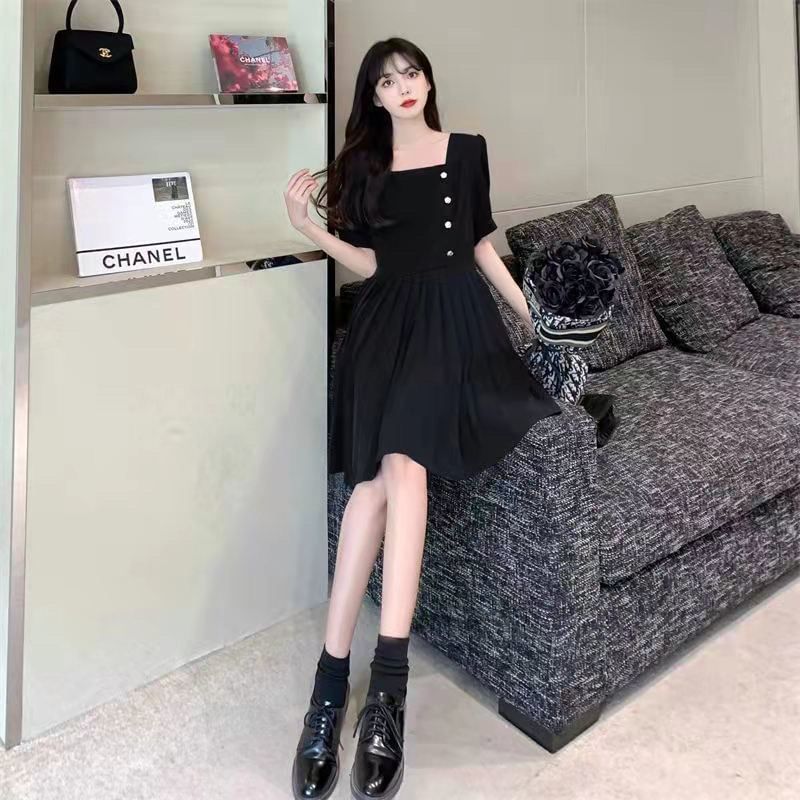 Puff-Sleeve Plain Square Neck Dress A-Line