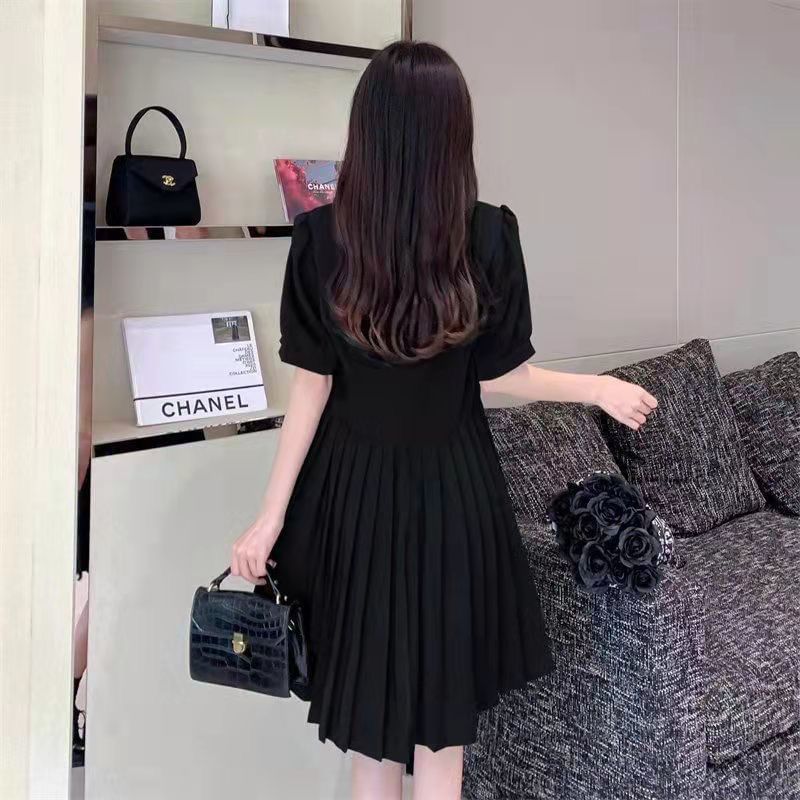 Puff-Sleeve Plain Square Neck Dress A-Line