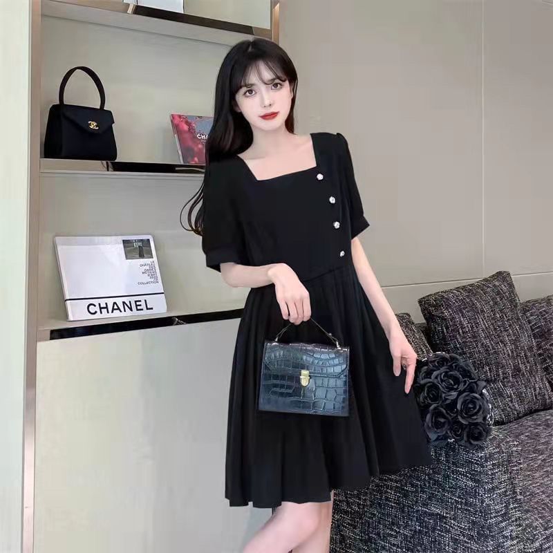 Puff-Sleeve Plain Square Neck Dress A-Line