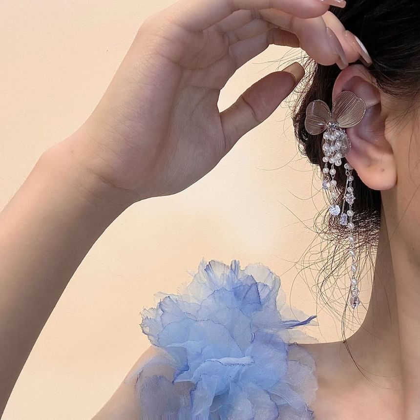 Floral Faux Ear Rhinestone Fringed Cuff Pearl