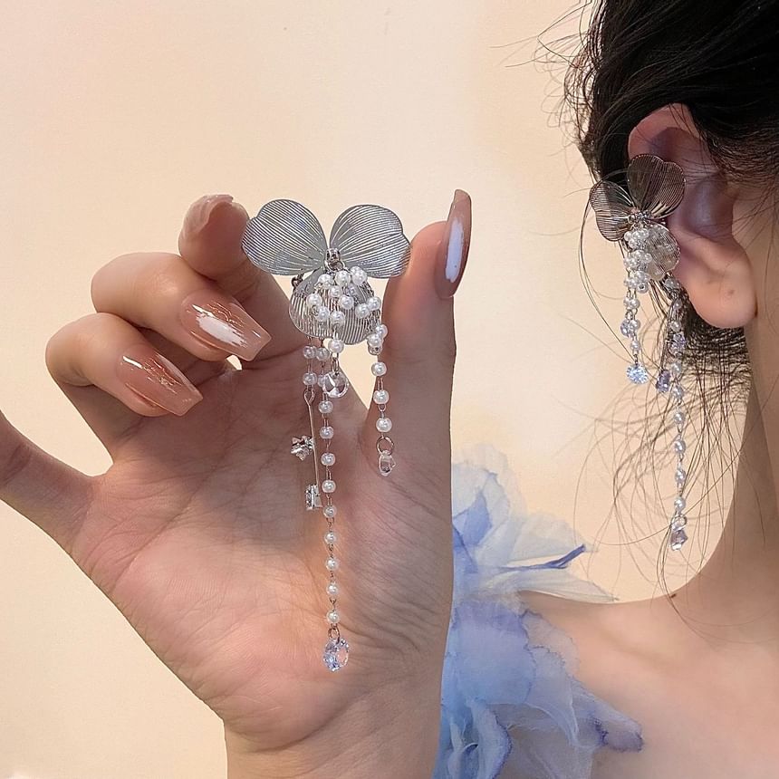 Floral Faux Ear Rhinestone Fringed Cuff Pearl