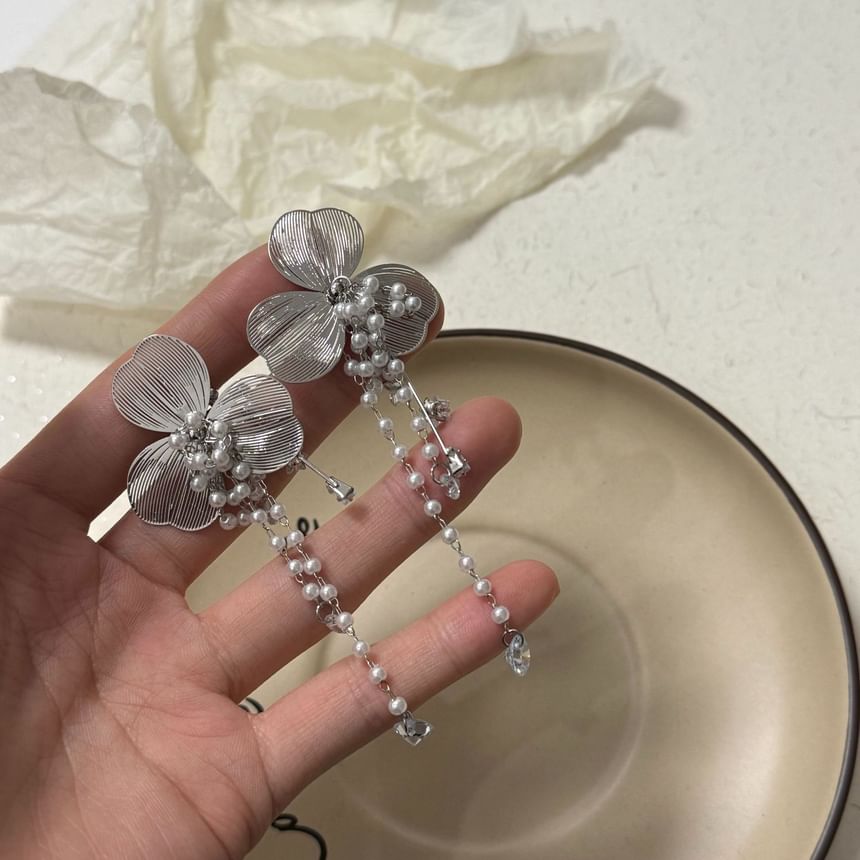 Floral Faux Ear Rhinestone Fringed Cuff Pearl