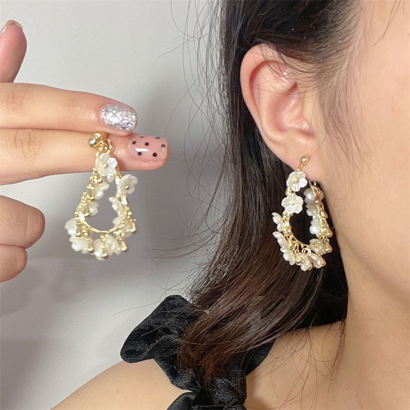 Hoop Faux Pearl Earring Floral Fringed