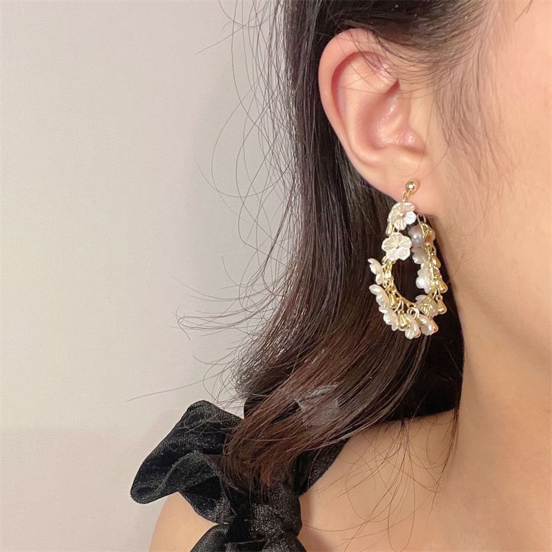 Hoop Faux Pearl Earring Floral Fringed