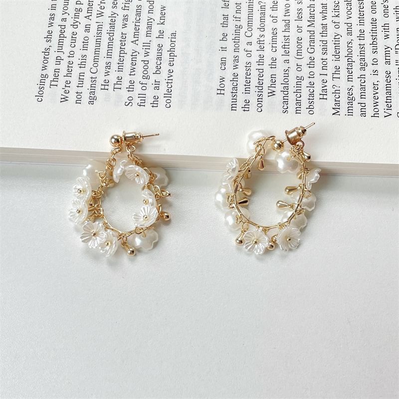 Hoop Faux Pearl Earring Floral Fringed