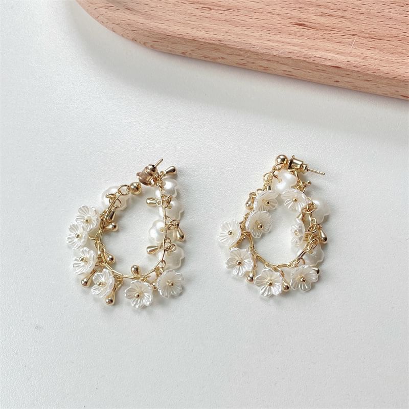 Hoop Faux Pearl Earring Floral Fringed