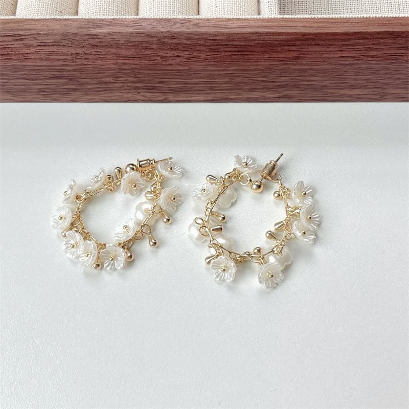 Hoop Faux Pearl Earring Floral Fringed