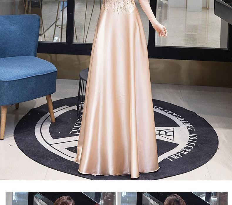 Short-Sleeve Sequin A-Line Gown Evening