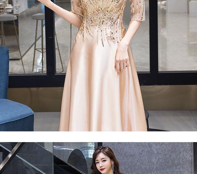 Short-Sleeve Sequin A-Line Evening Gown