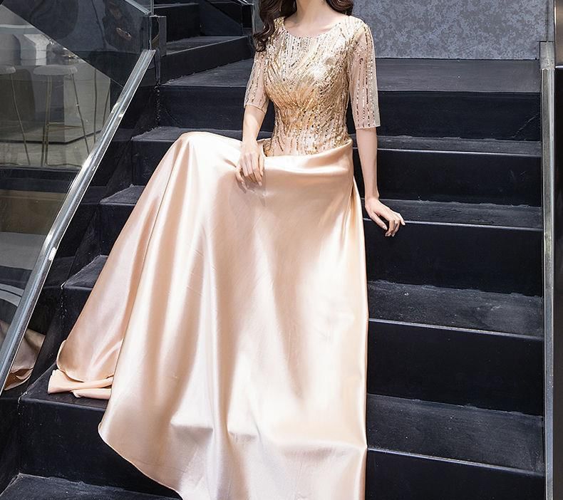 Short-Sleeve Sequin A-Line Evening Gown