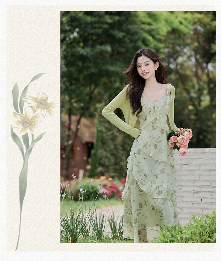 Spaghetti Strap Floral Print Ruffled Midi A-Line Dress / Plain Cardigan / Set