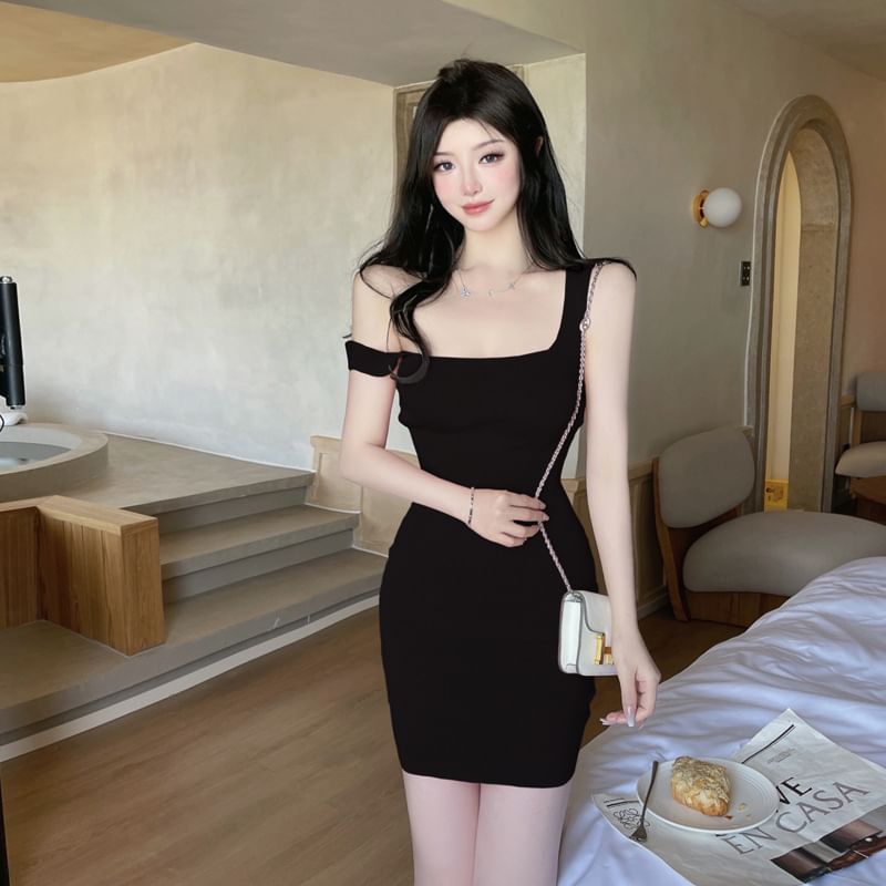 Knit Square Dress Mini Neck Plain Sheath Sleeveless