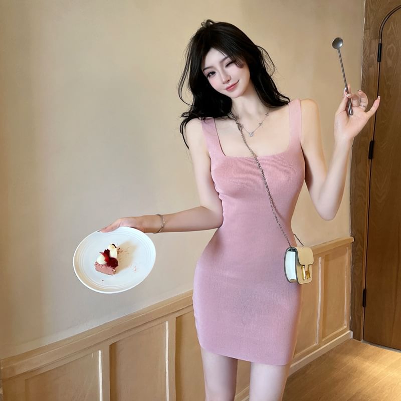 Knit Square Dress Mini Neck Plain Sheath Sleeveless