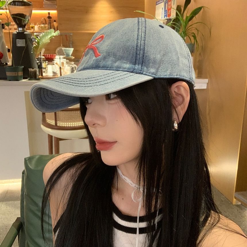 Baseball Cap Bow Washed Denim Embroidered