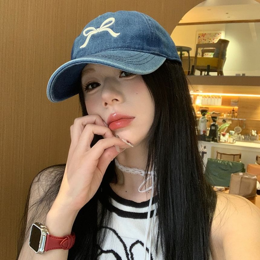 Baseball Cap Bow Washed Denim Embroidered