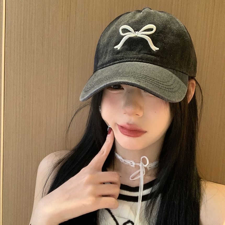 Baseball Cap Bow Washed Denim Embroidered