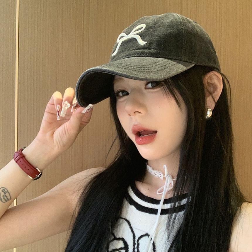 Baseball Cap Bow Washed Denim Embroidered