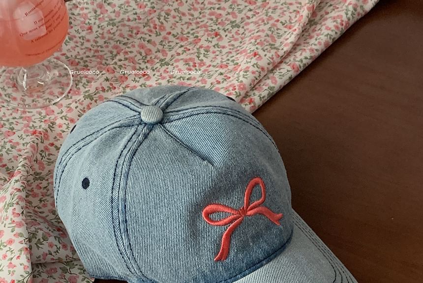 Bow Embroidered Washed Denim Baseball Cap