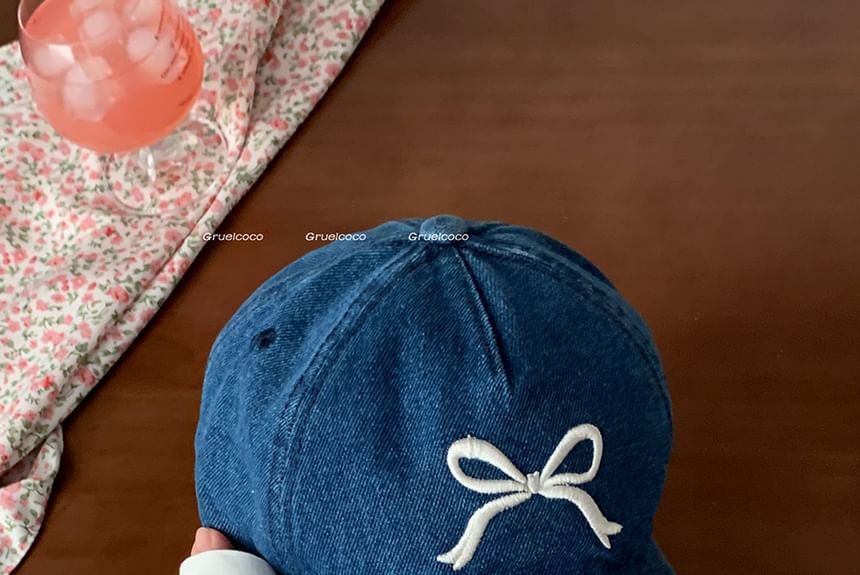 Baseball Cap Bow Washed Denim Embroidered