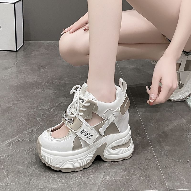 Hidden Platform Cutout Panel Sneakers Wedge Rhinestone