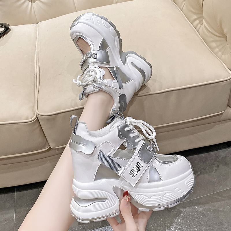 Hidden Platform Cutout Panel Sneakers Wedge Rhinestone