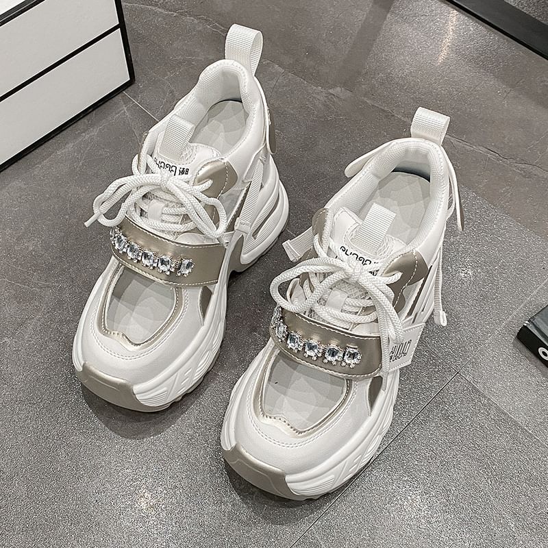 Hidden Platform Cutout Panel Sneakers Wedge Rhinestone