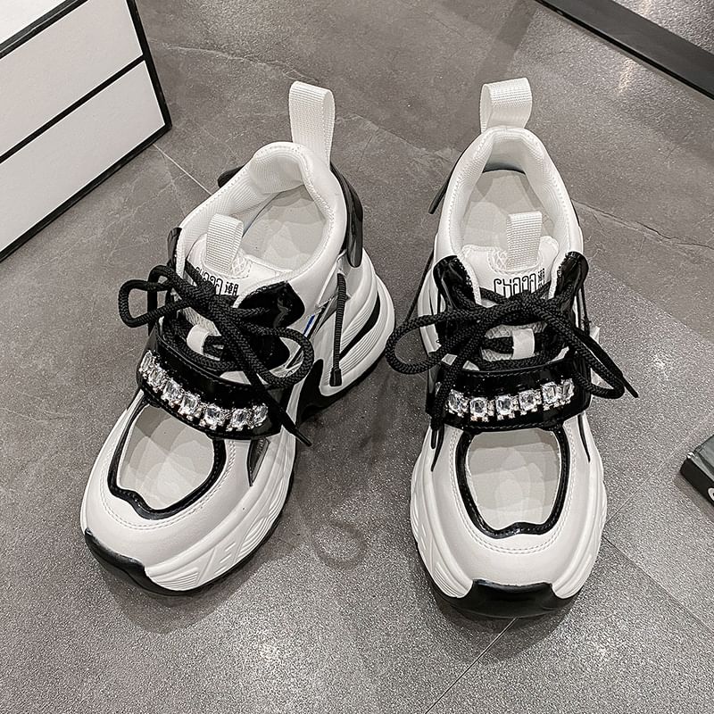 Hidden Platform Cutout Panel Sneakers Wedge Rhinestone