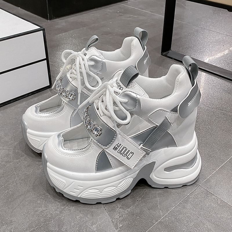 Hidden Platform Cutout Panel Sneakers Wedge Rhinestone