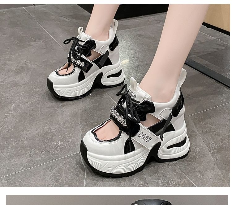 Hidden Platform Cutout Panel Sneakers Wedge Rhinestone
