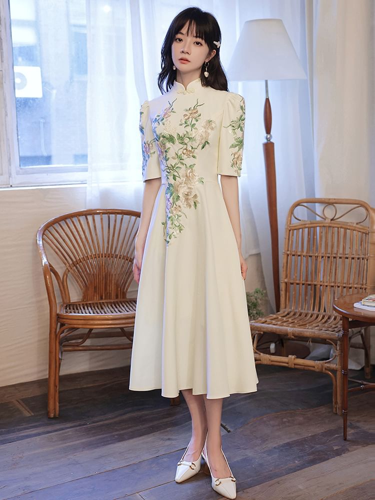 Short-Sleeve Floral Embroidered A-Line Evening Gown (Various Designs)