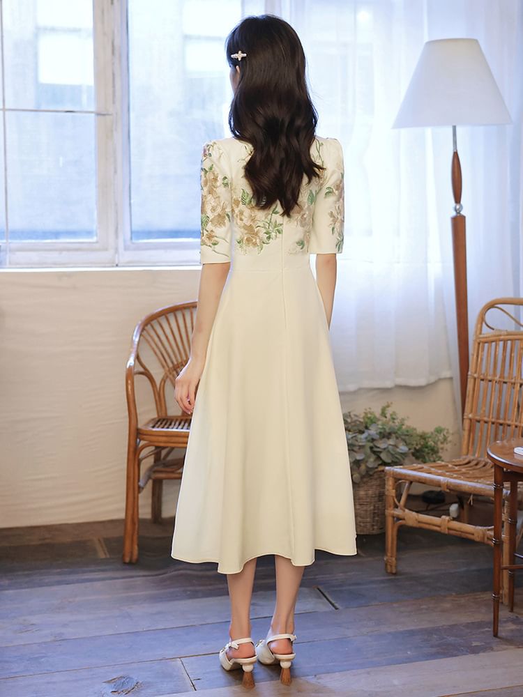 Short-Sleeve Floral Embroidered A-Line Evening Gown (Various Designs)