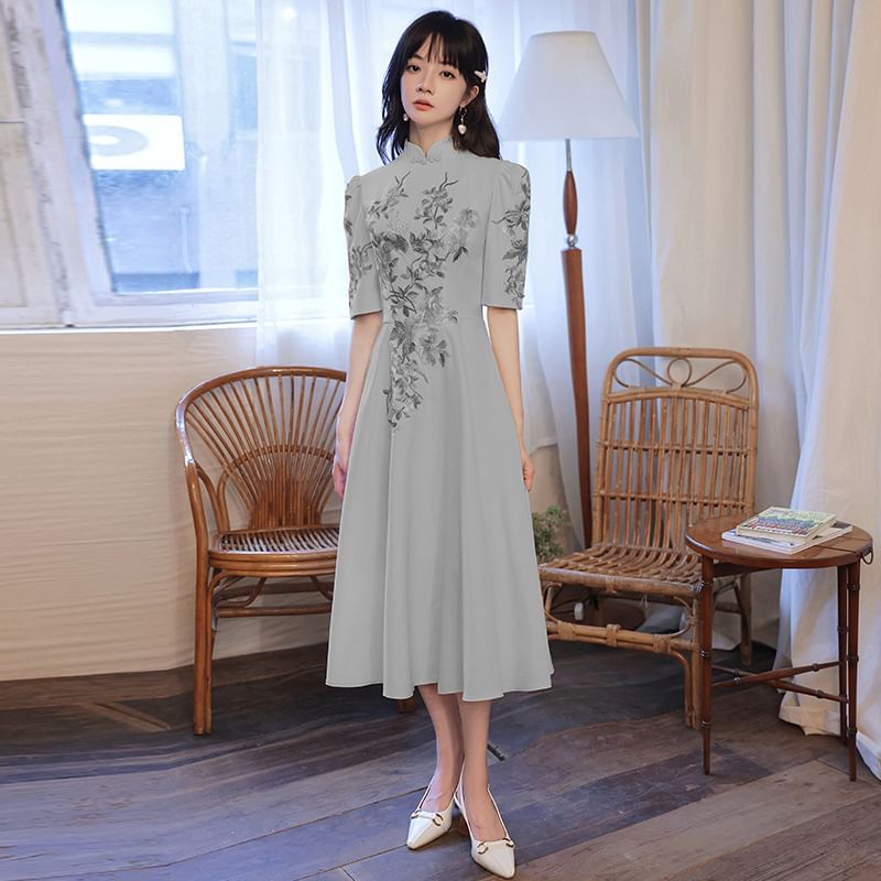 Short-Sleeve Floral Embroidered A-Line Evening Gown (Various Designs)