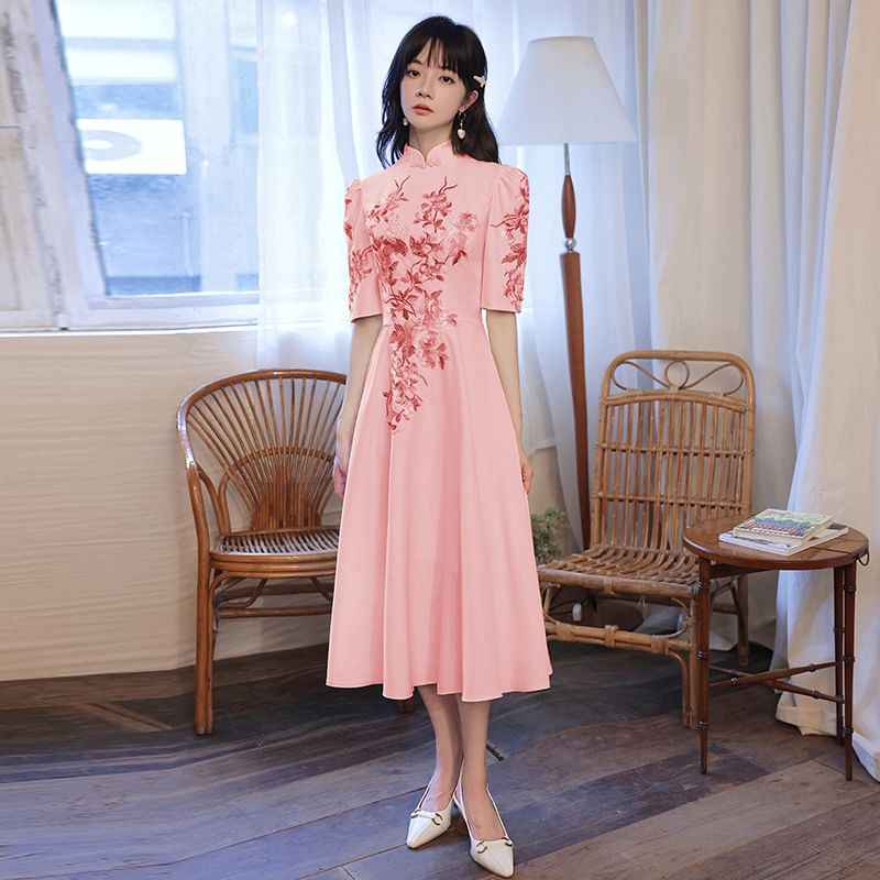 Short-Sleeve Floral Embroidered A-Line Evening Gown (Various Designs)