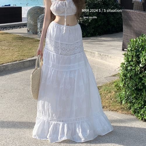 Mid Waist Plain Lace Trim Maxi A-Line Skirt