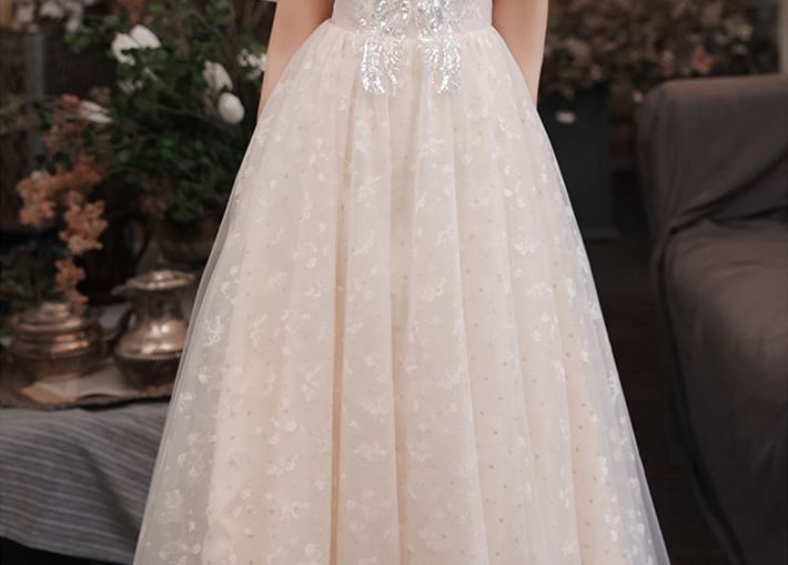 Puff-Sleeve Square-Neck Sequined Floral A-Line Evening Gown (Various Designs)