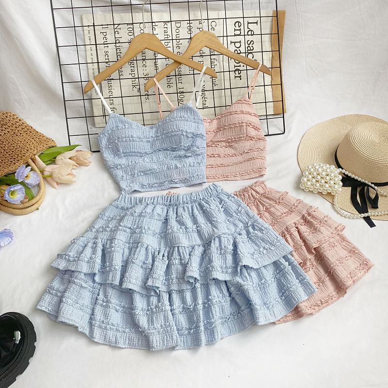 Set: Plain Lace Crop Cami Top + Elastic Waist Tiered Mini A-Line Skirt