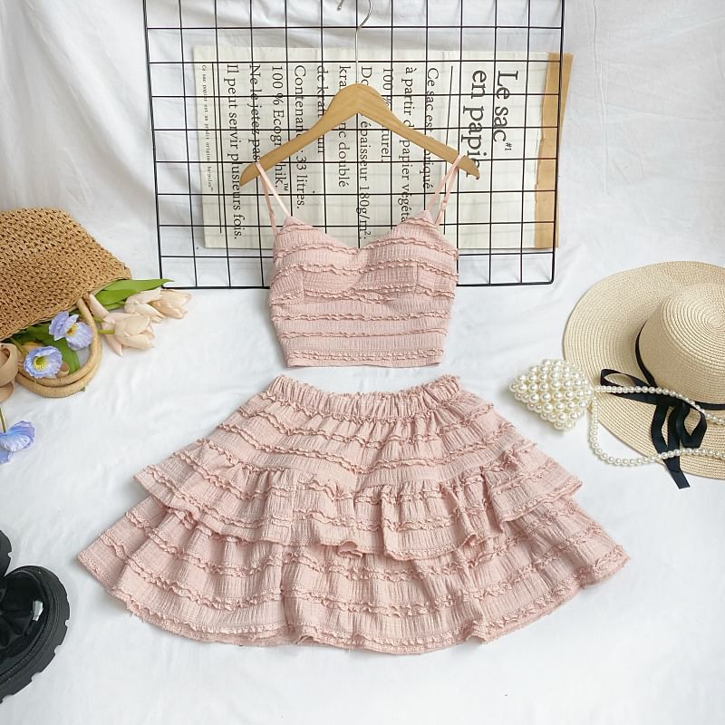 Set: Plain Lace Crop Cami Top + Elastic Waist Tiered Mini A-Line Skirt