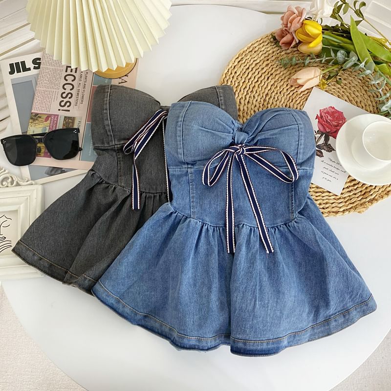 Bow Peplum Washed Denim Tube Top