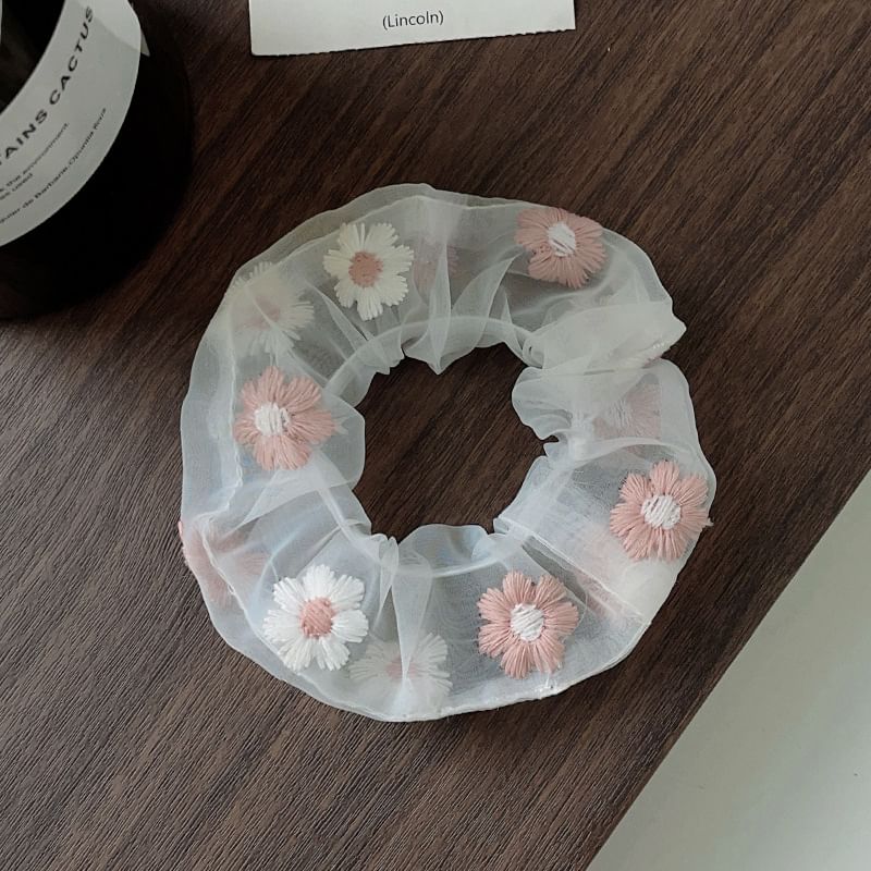 Floral Embroidered Mesh Scrunchie