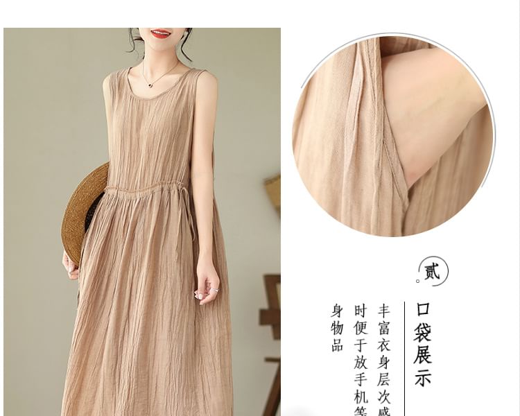 Sleeveless Round Neck Plain Drawstring Waist Maxi A-Line Dress