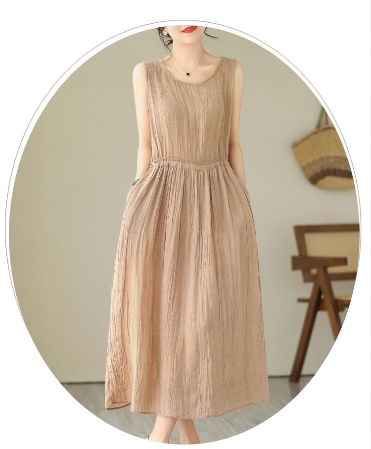 Sleeveless Round Neck Plain Drawstring Waist Maxi A-Line Dress