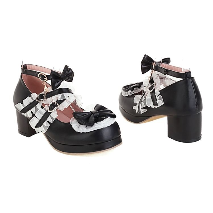 Pumps Strappy Heel Jane Bow Ruffle Platform Mary Chunky