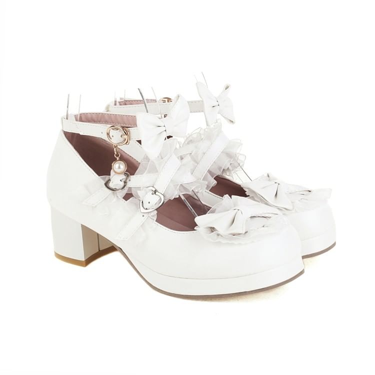Pumps Strappy Heel Jane Bow Ruffle Platform Mary Chunky