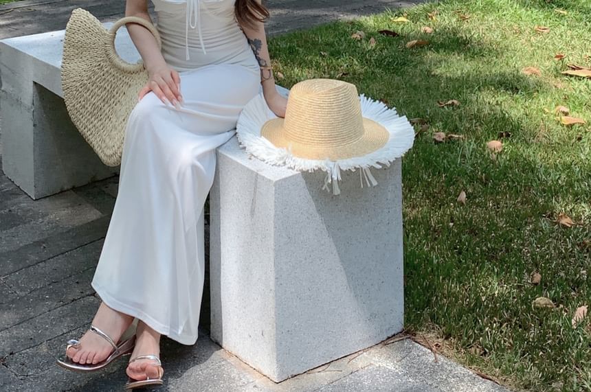 Spaghetti Strap Plain Ruffle Maxi Sundress