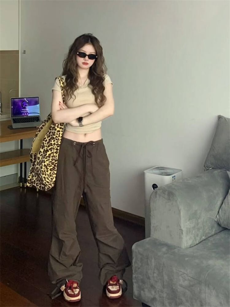 Drawstring Waist Plain Ruched Wide Leg Pants