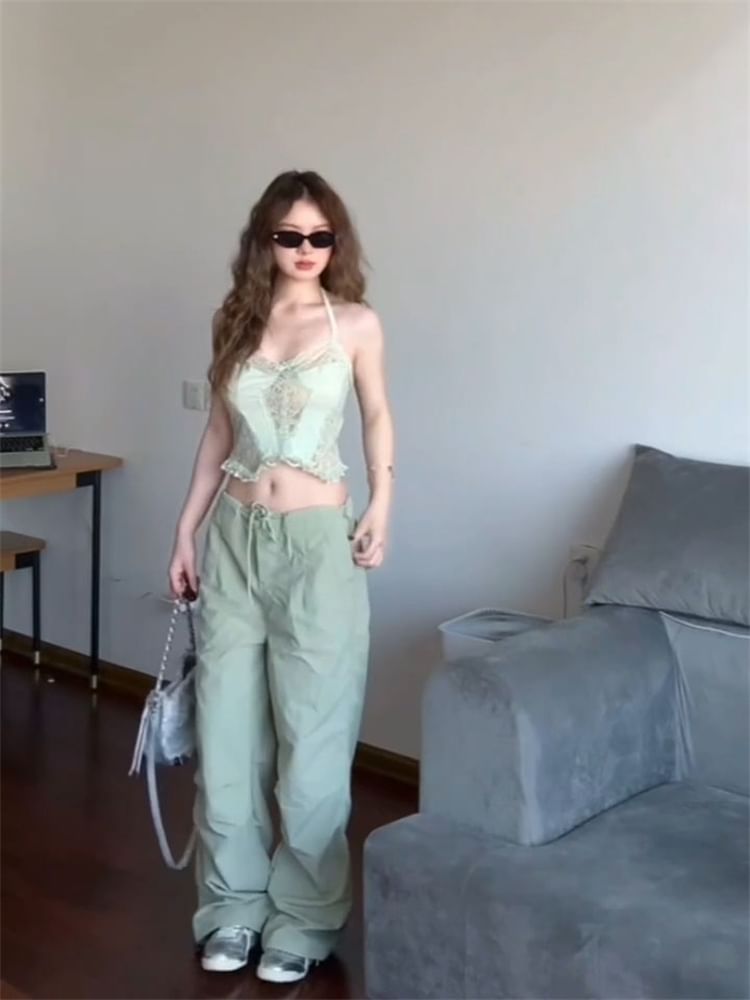 Drawstring Waist Plain Wide Leg Cargo Pants